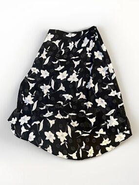 Black White Floral Print Midi Maxi Long Skirt Stretch Semi-Sheer Lined Stretch L